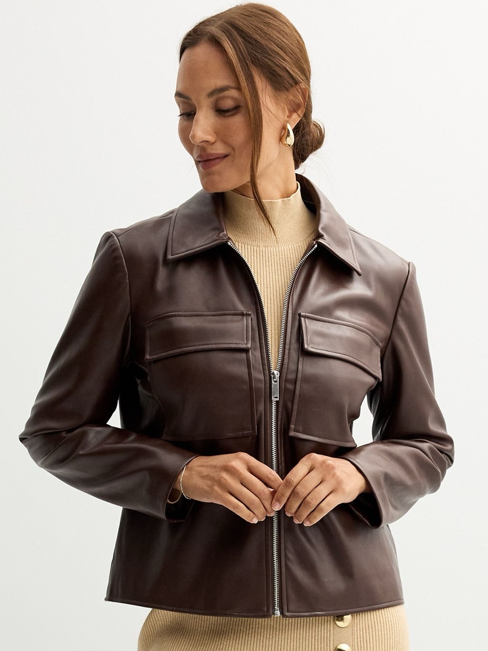 Women's Nine West Cropped Faux Leather Zipper Jacket 3X